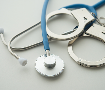 A blue medical stethoscope intertwined with a pair of metal handcuffs on a plain white surface